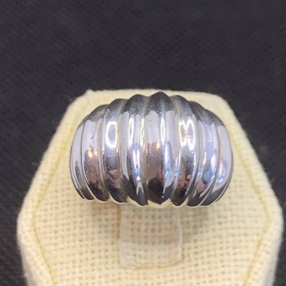 925 Polished Silver Ribbed Dome Ring - Women's Fashion Band